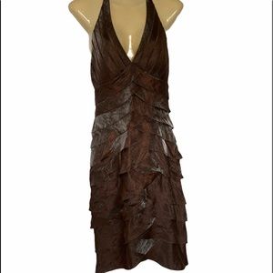 Cache Cocktail Dress Halter Tiered Metallic Shimmering Whimsigoth Brown Size 2